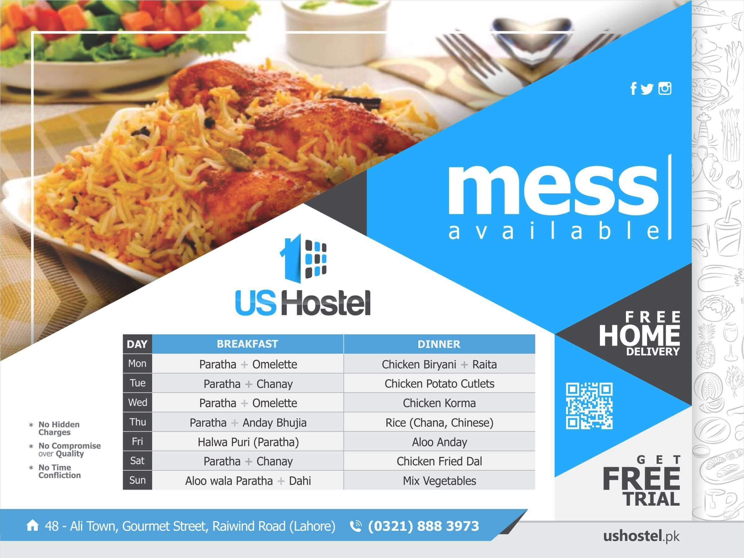 US Hostel Lahore Mess Menu (www.ushostel.pk)